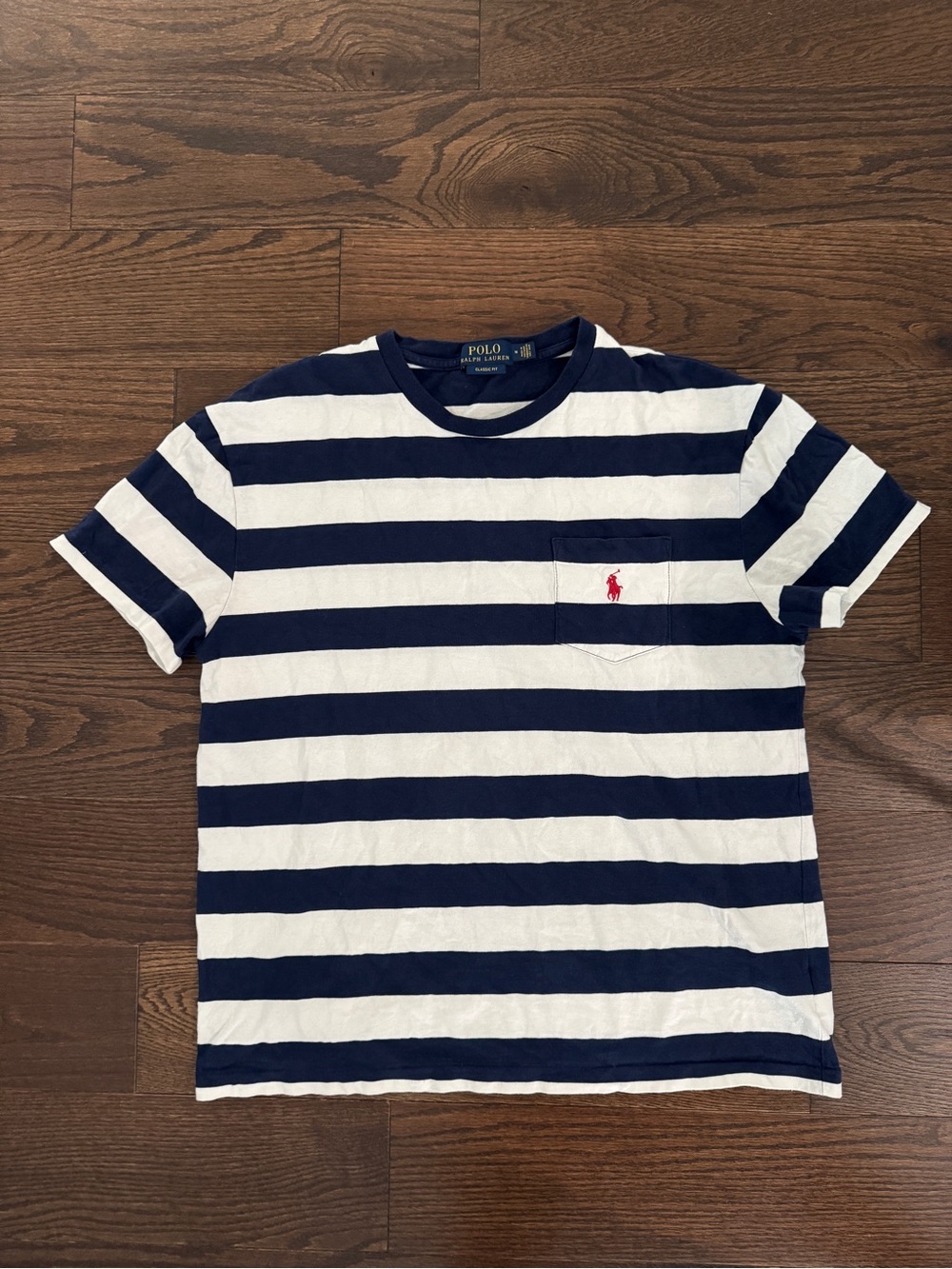 Ralph Lauren Navy and White Striped Short-Sleeve Pocket Tee